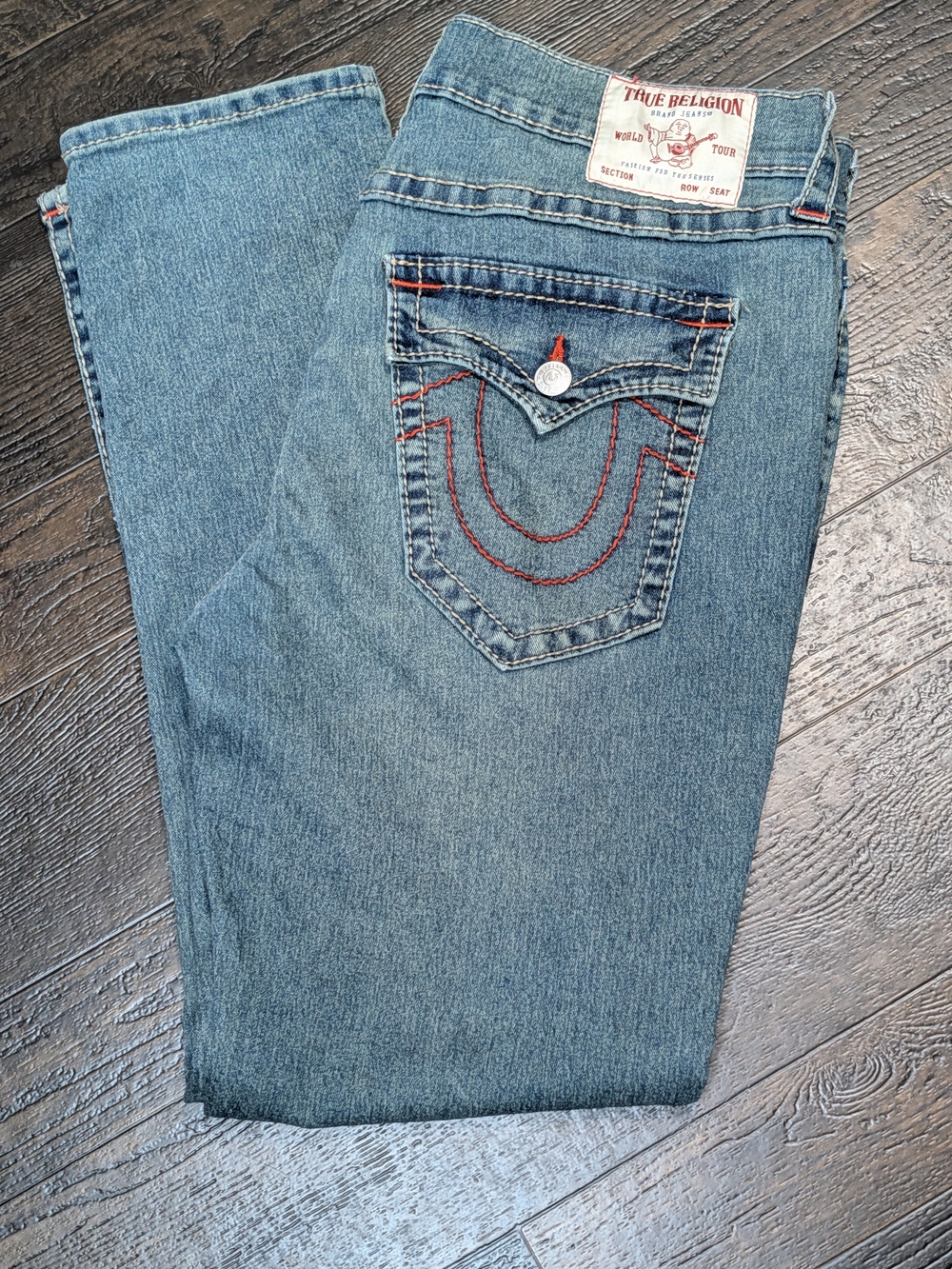 True Religion Men’s Relaxed Jeans - Light Blue with Red Stitching